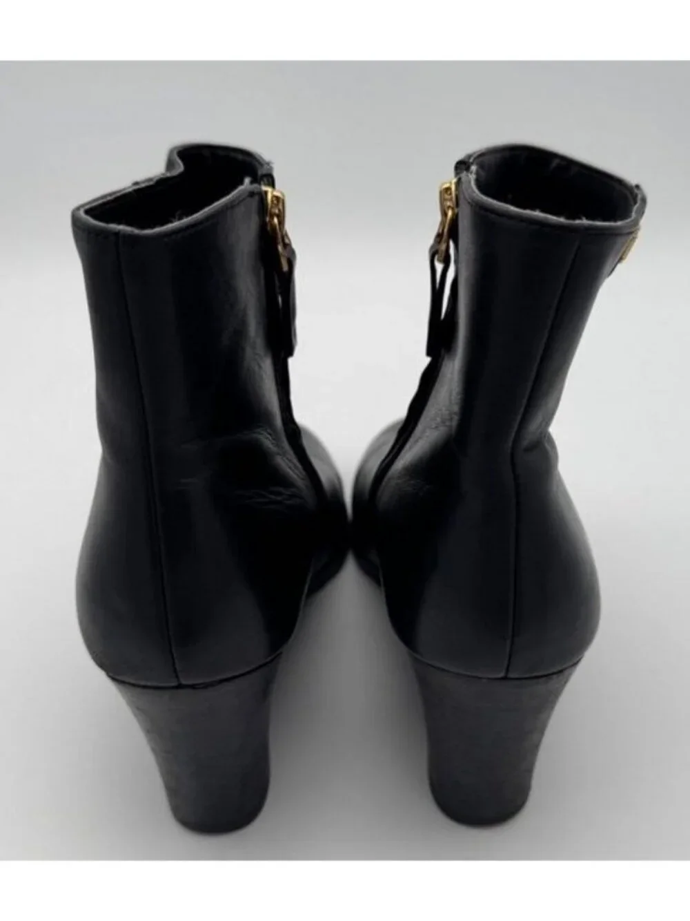 Lauren Ralph Lauren Shaley Black Leather Wedge Ankle Boots Gold Logo Women's 8